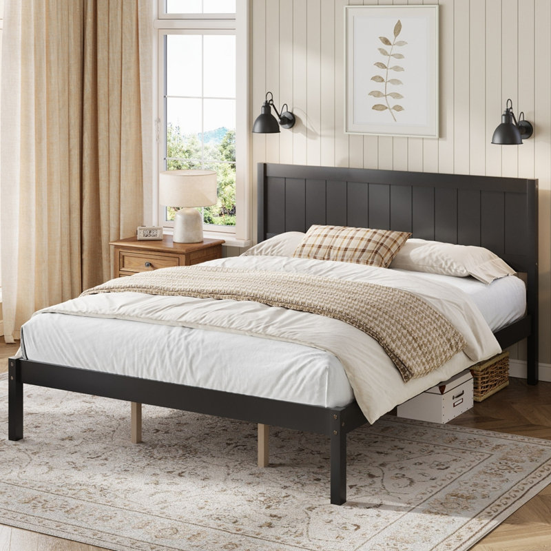 Base de lit plateforme avec tête de lit et support à lattes de bois, aucun sommier nécessaire, Espresso, Très grand lit