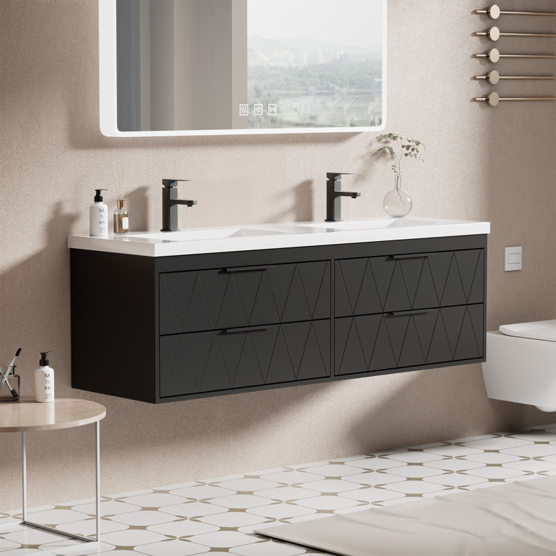 Ciarra Shavon 60" Modern Wall-mount Double Sink Bathroom Vanity With Resin Top, Water-resistant Painted Floating Cabinet, Soft-close Drawers