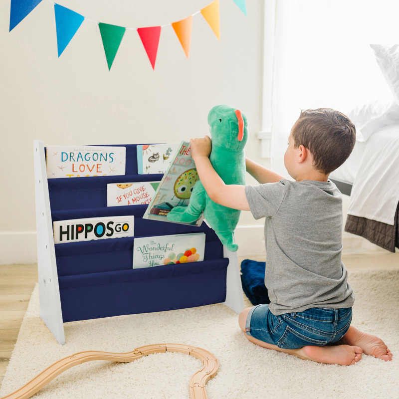 Compact White Melamine Kids Sling Bookshelf with Fabric Pockets