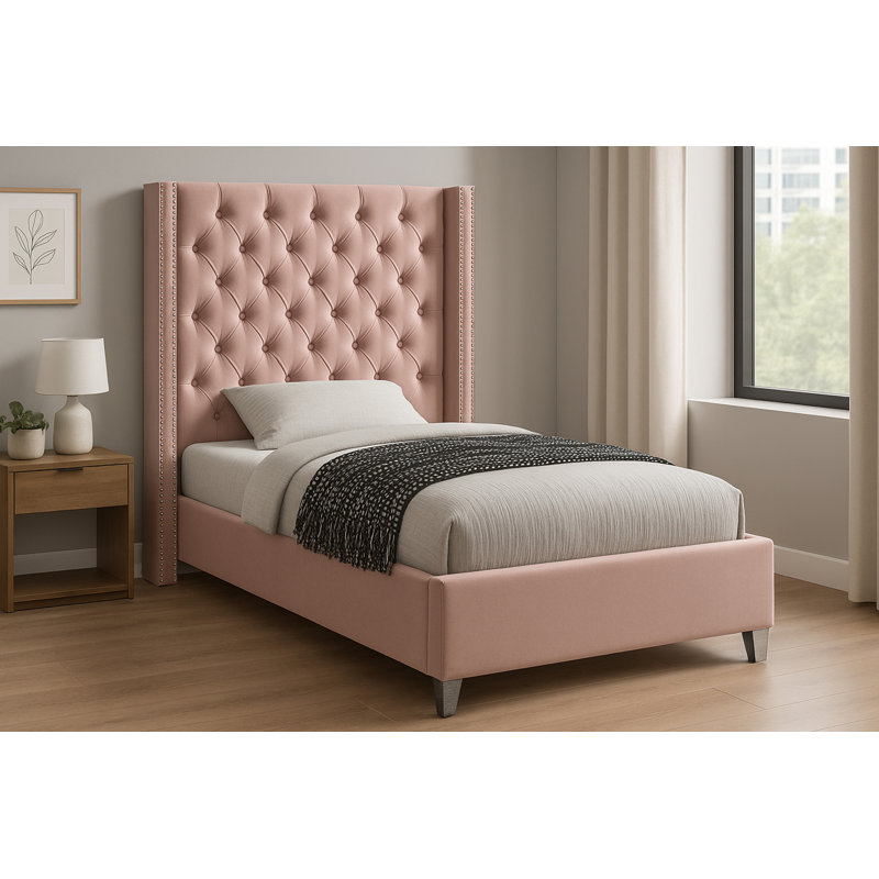 Lit plateforme tapissier capitonné à profil bas en bois massif Joclynn, Simple, Velours rose, Chrome