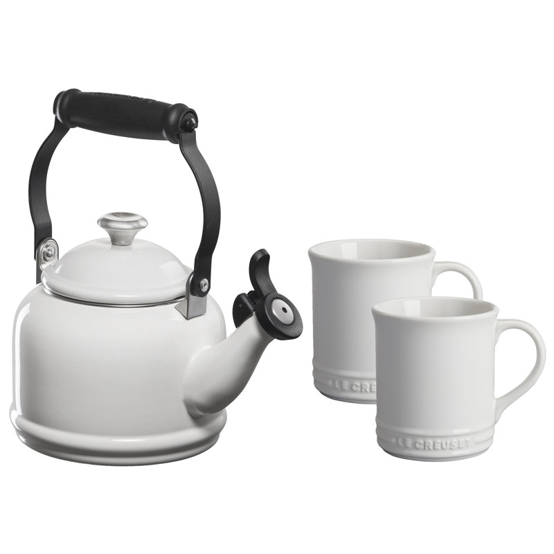 Le Creuset Demi Kettle W/ SS Knob & 2 Mug Set, White