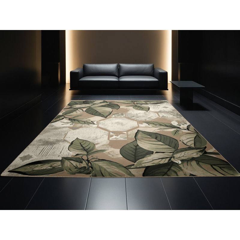 Machine Washable Ottwell Basil Global Inspired Geometric Rug in Brown – Beige Binding, 7x10