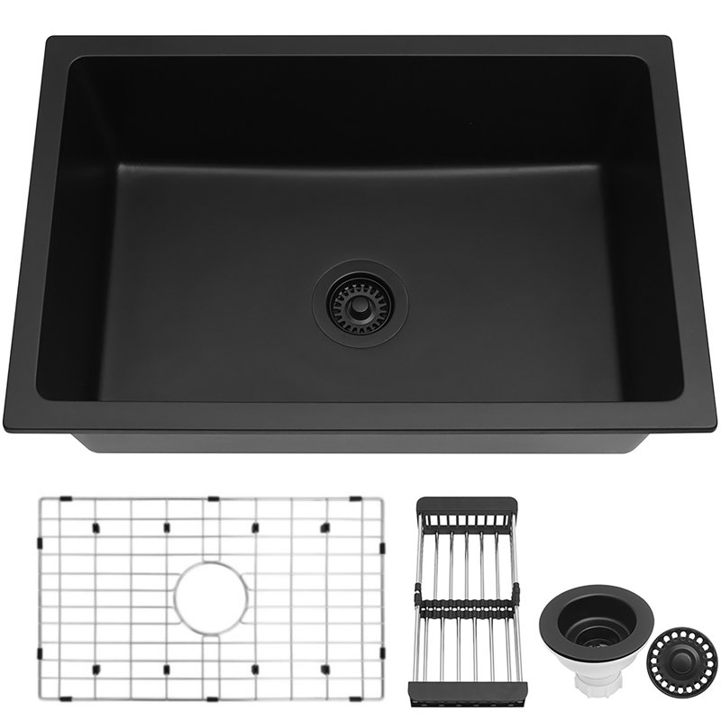 28" W x 18" L Black Quartz Single Bowl Undermount Kitchen Sink with Accessories, Black