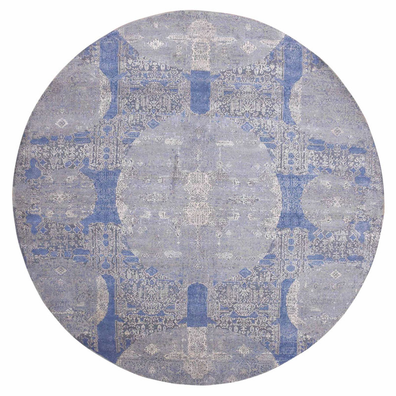 Tapis oriental rond noué à la main en laine bleue et en soie pure 10 po 1 po x 10 po 1 po 9C8EF7DA3C8746A59AA87A488110E062