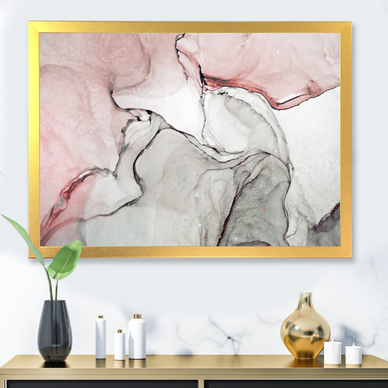 Art mural sur toile luxueux rose gris marbré II, Toile avec cadre photo, H 16 po x l 32 po, Doré