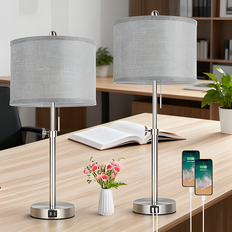 Ensemble de 2 lampes de table à hauteur réglable avec deux ports de charge USB, lampes de chevet industrielles modernes pour le salon, la chambre à coucher et le bureau à domicile
