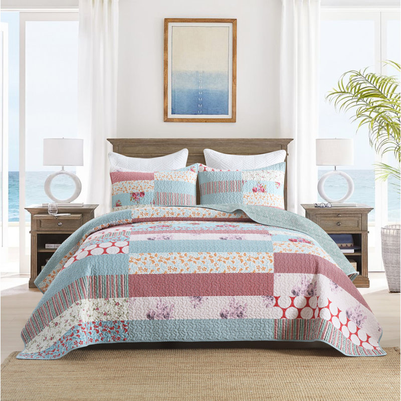 3 Pcs Printed Quilt Set Floral Patchwork Pattern Bedspread Set  BY331, King Quilt + 2  Pillow Shams