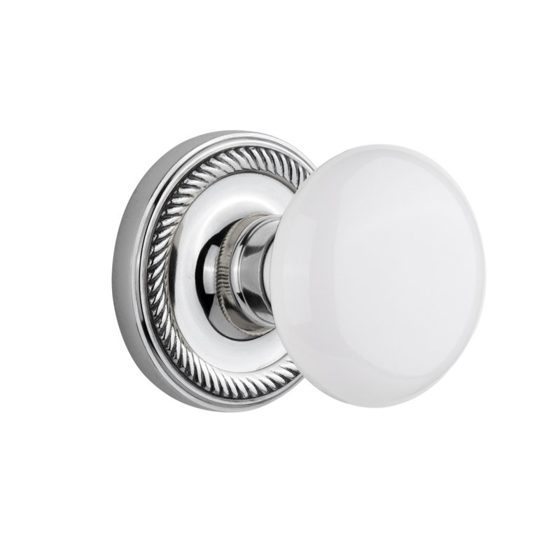 Rope Rosette with White Porcelain Door Knob, Bright Chrome