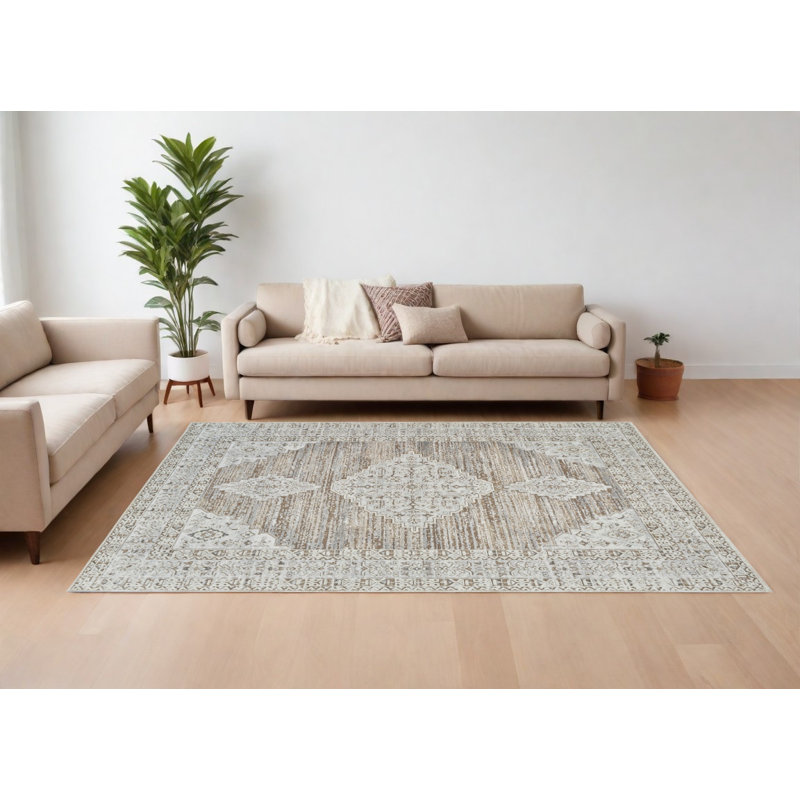 Beige and Brown Abstract Distressed Area Rug