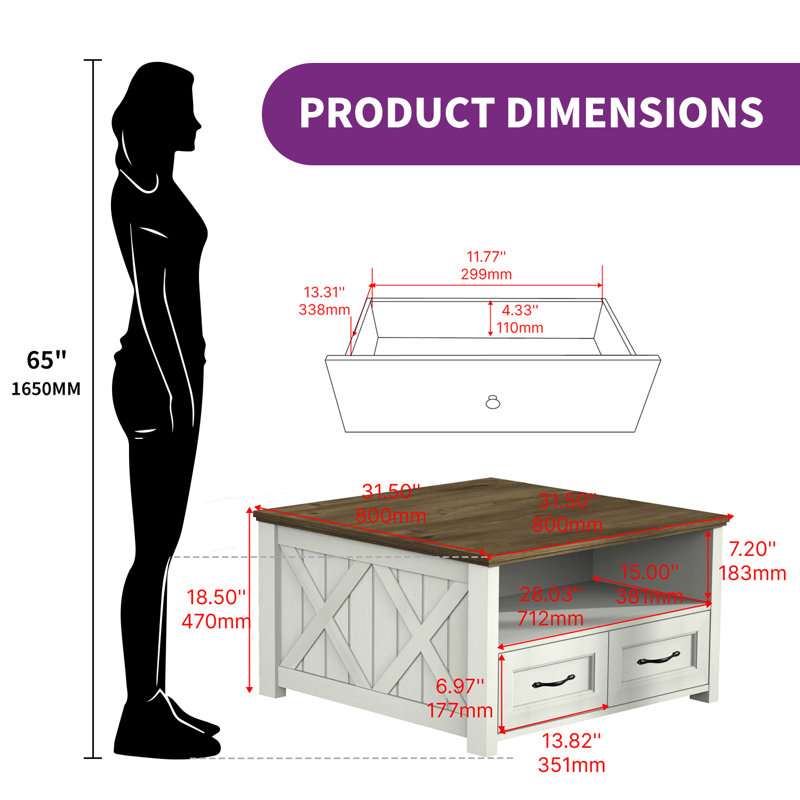 Square Storage Coffee Table With 4 Drawers, Dark Brown Wood