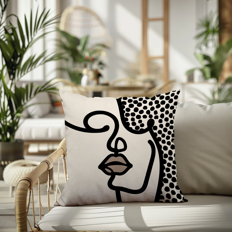 Oreiller carré réversible intérieur / extérieur Vie Abstract, H 15 po x l 15 po, Blanc cassé / blanc