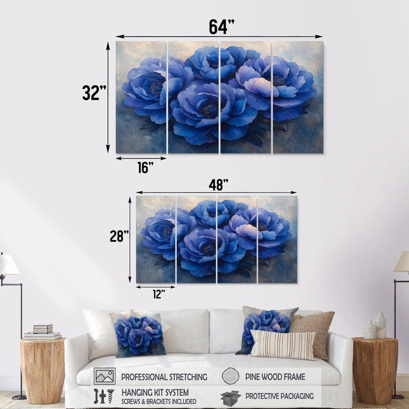 Blue Layers of Peones II - pivoines, décoration murale - art mural traditionnel, H 32 po x l 64 po, 4