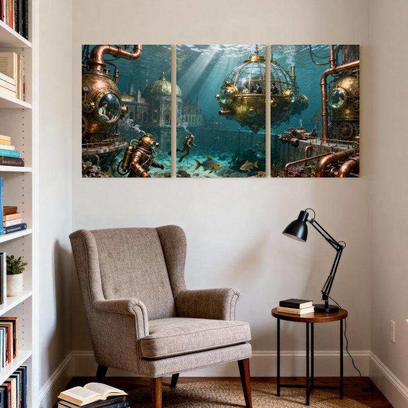 Fantaisie et science-fiction Steampunk Underwater City Submarine Diver Fish Pipes, ensemble de 3 impressions d'art sur toile