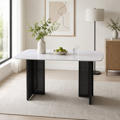Table de salle à manger rectangulaire moderne en verre trempé avec motif en marbre