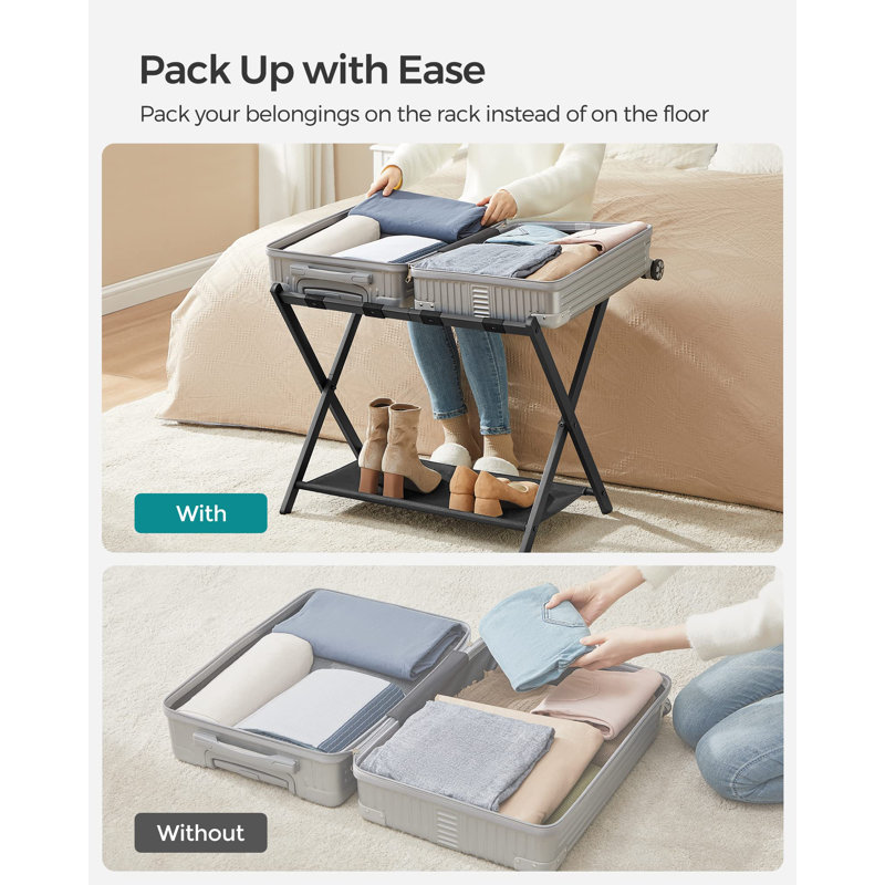 Porte-bagages pour chambre d'amis, ensemble de 2, porte-valises avec tablette de rangement, structure en acier, pliable pour un rangement facile, hôtel, chambre à coucher, noir