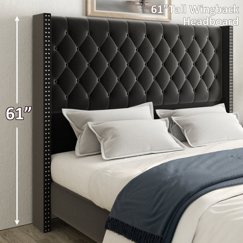 Plainfield Upholstered Wingback Bed Frame with 61" Tall Headboard, Black, King