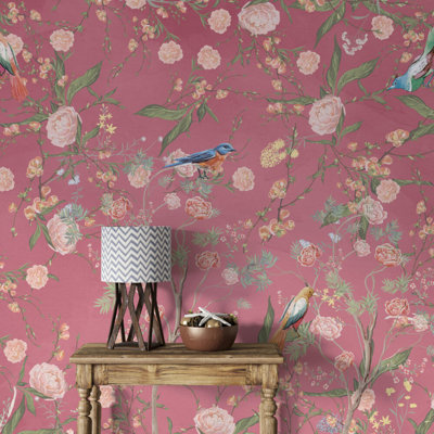 Murale oiseaux et fleurs chinoises roses | Papier peint floral avec jardin | Non-tissé ou pelez et collez