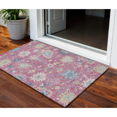 Tapis extérieur lavable floral rose ivoire et bleu denim 3 pi x 5 pi