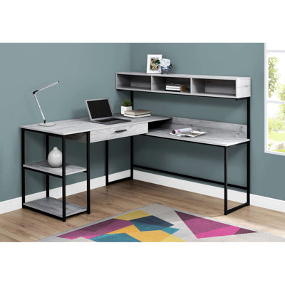 Contemporary L-shaped Desk With Storage For Home Office, Grey Laminate & Black Metal Surface, Construction, Practical Options