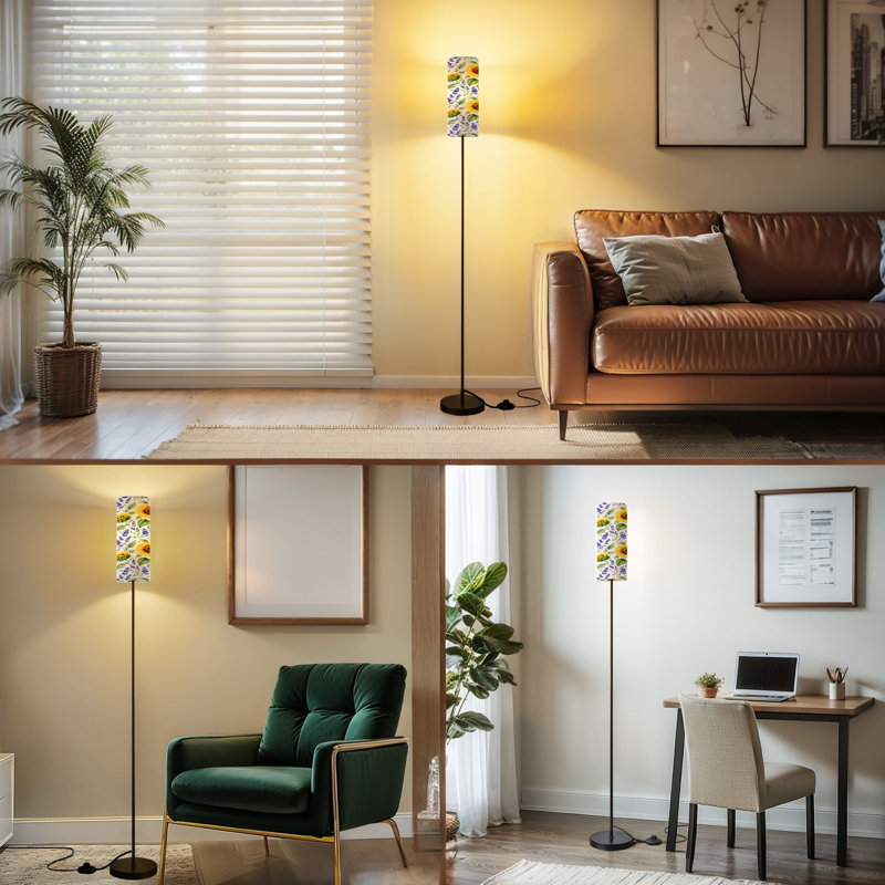 68.5" Standing Floor Lamp Watercolor flowers sunflower patterns summer sunflowers paper pack Dimmable Metal Pole Lamp with Linen Lampshade LED Bulb Included