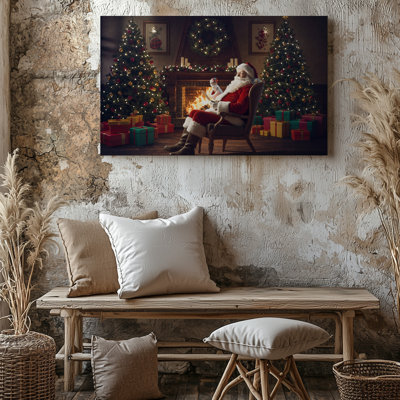 Toile, art festif douillet avec un joyeux père Noël assis dans un fauteuil rustique par un chaleureux foyer craquelé