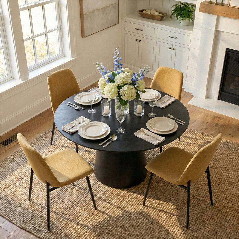 4 - Person Dining Table Sets With Round Table & 4 Upholstered Chenille Chairs, Gold