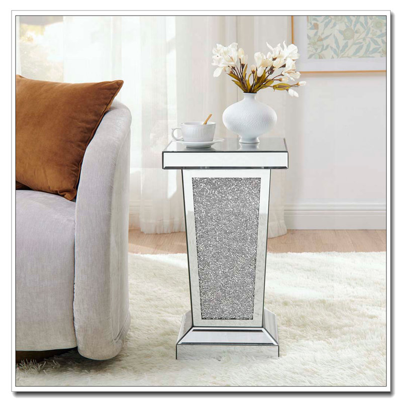 Table de bout en miroir argentée avec incrustation de cristal