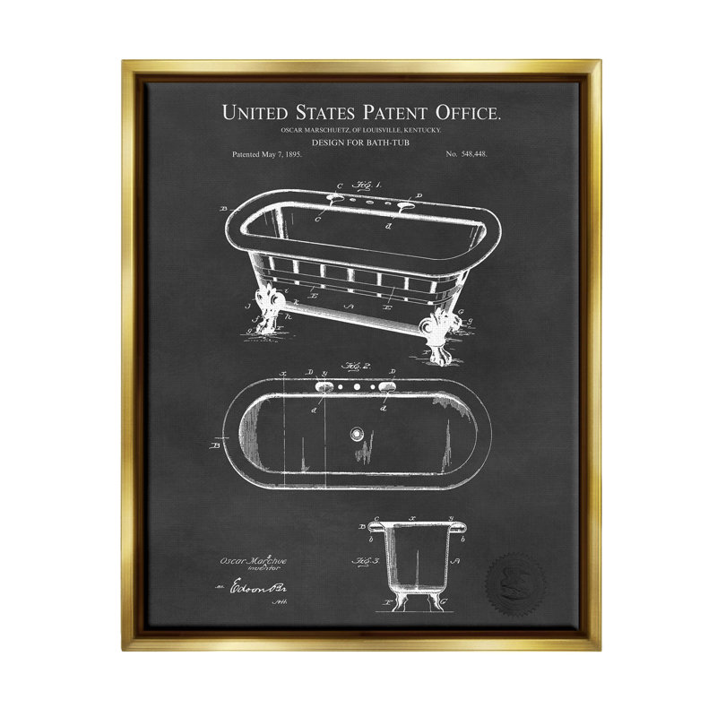 Schéma de brevet de baignoire de salle de bain par Karl Hronek - Impression sur toile, H 14 po x l 11 po x P 1,5 po