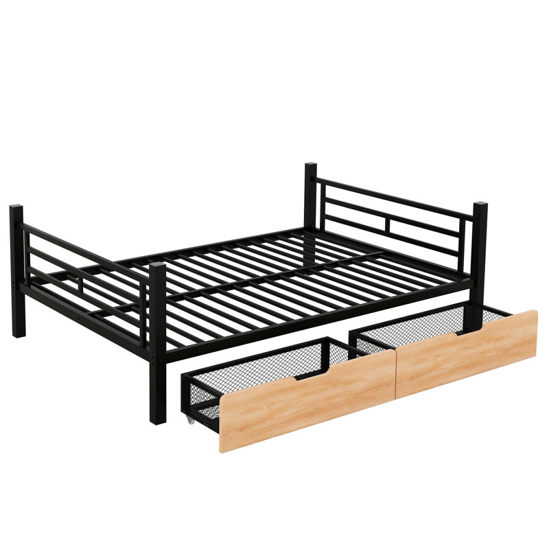 Black Metal Bunk Bed With 2 Practical Storage Features - Construction Convertible Full Size Bed, Spacious Drawers