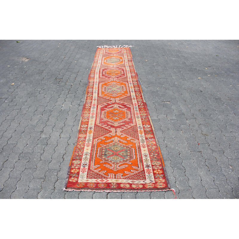Tapis de couloir vintage turc Herki rétro rouge vif - idéal pour le décor de couloir et le style de laine antique