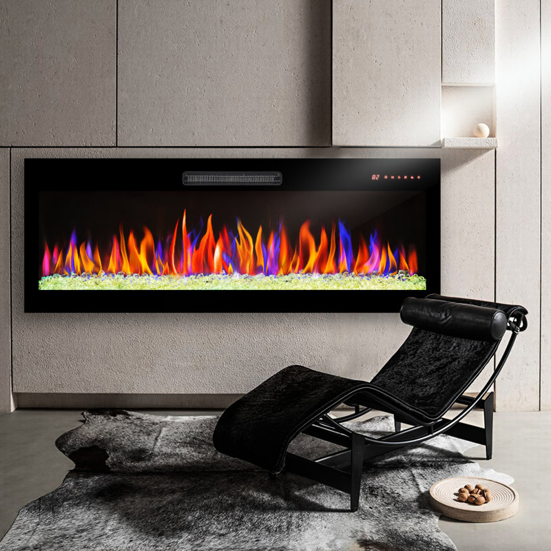 60" Electric Fireplace With Remote, Multi Color Flame & , 1400W Heat, 16 Colors Ember Bed Wall Mounted 60", Simulation Technology