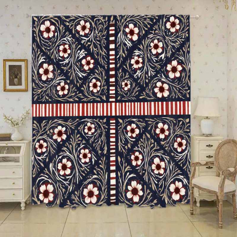 2Pcs rideaux à motifs floraux bleu foncé, rideaux de fenêtre avec passe-tringle rustique moderne pour la cuisine du salon