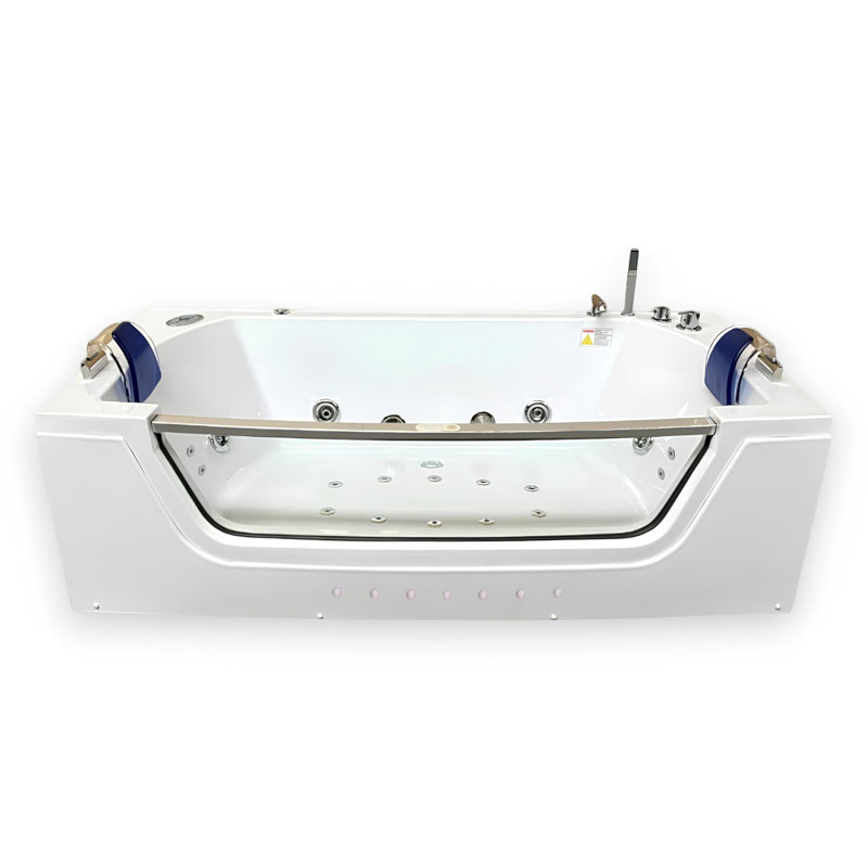 PRIVILEGE 71" x 35.5" 2-Person White Whirlpool Bathtub with Dual Pump, Heater & Glass Front Panel