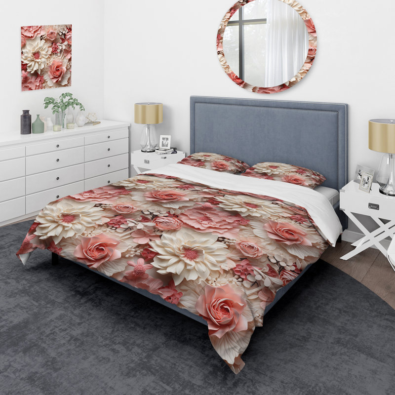 Ensemble de housse de couette rose et blanc avec dentelle romantique Whispers Flowers III