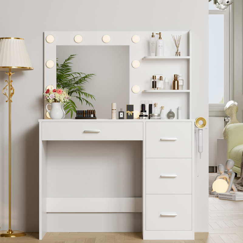 Makeup Vanity Desk with Power Outlet & Hair Dryer Holder, White