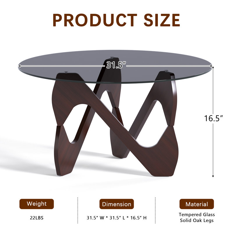 Minimalist Round Glass Coffee Table with Sculptural Cutout Legs, Walnut, Gray