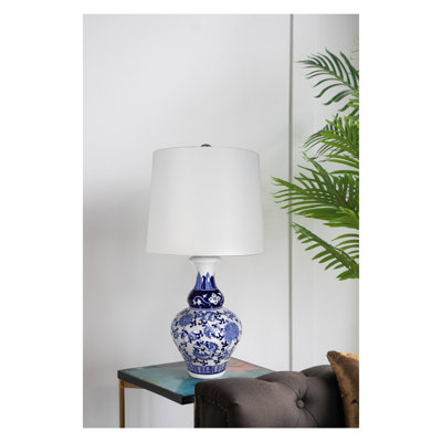 Lampe de vase ronde en céramique bleue et blanche D14x27,6 "