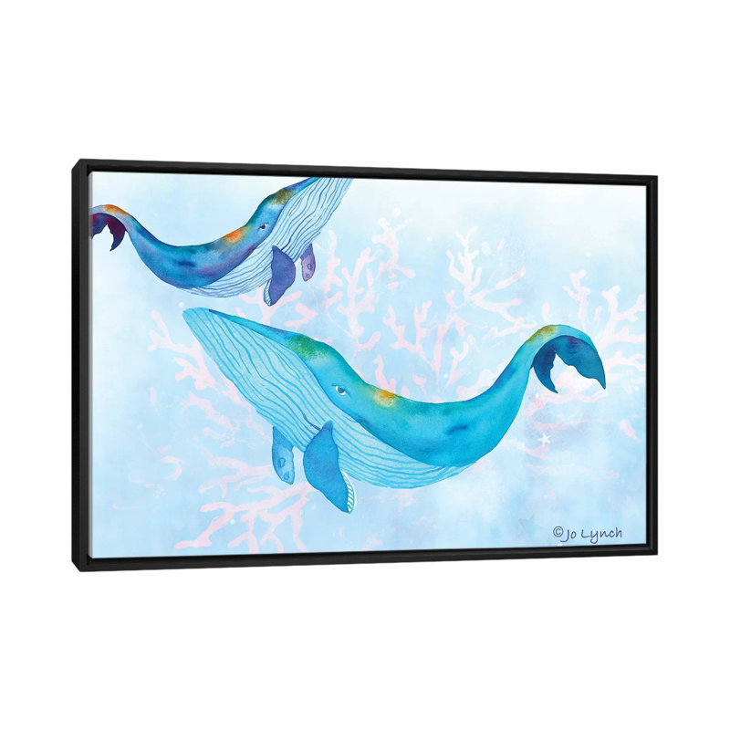 Whales Play Ocean par Jo Lynch - reproduction d'art, H 26 po x l 40 po x 1,5 po, Toile encadrée noire, Aucun mat