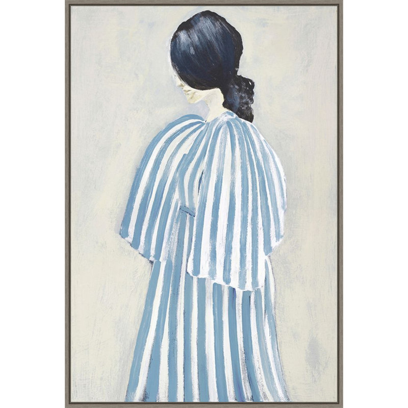 Blue Striped Dress Contemplative Woman Framed Canvas Art Print
