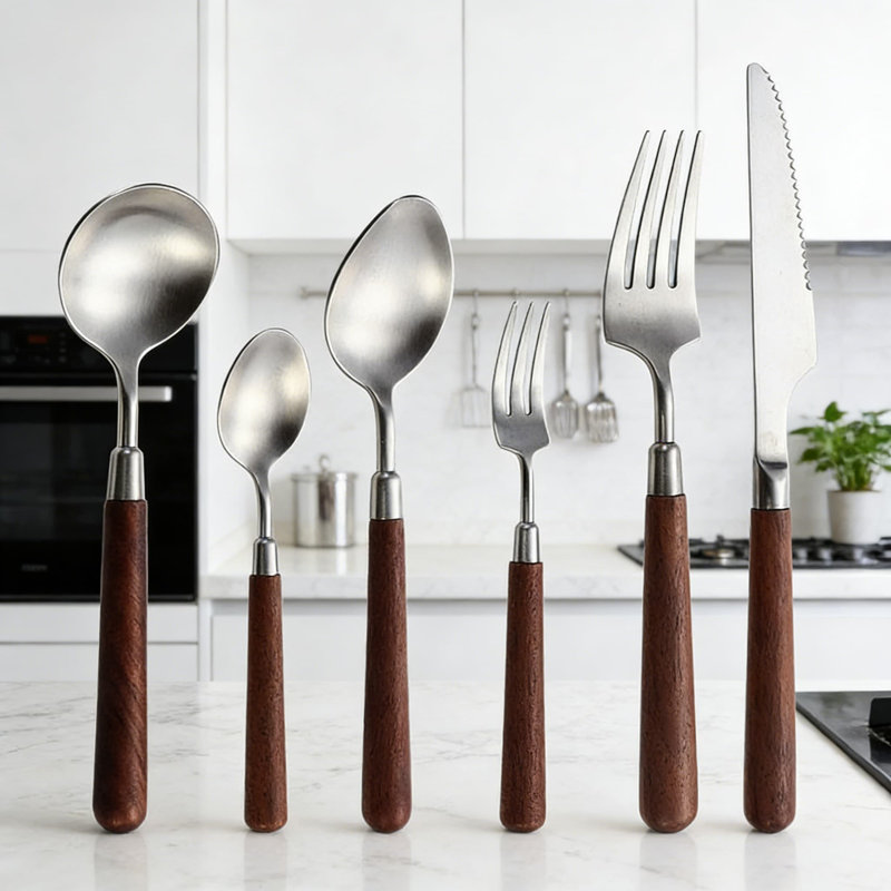 Ensemble de couverts 30 pièces à poignée en noyer avec cuillère et fourchette à steak