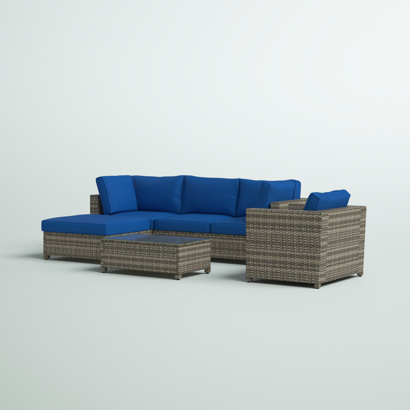 Ensemble de conversation modulaire en rotin avec coussins 4 pièces Acree, Structure grise / coussin bleu