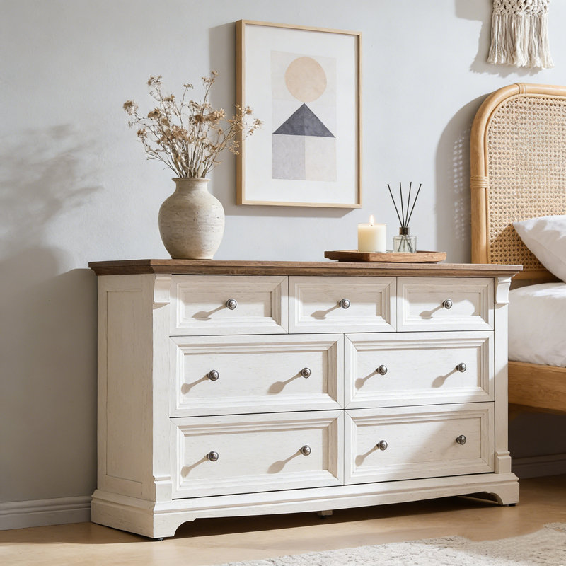 Commode à 7 tiroirs Roman, Blanc / Brun