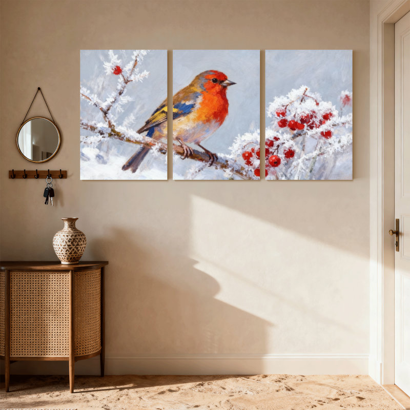 Oiseaux, oiseaux d'hiver sur une branche enneigée avec baies, ensemble de 3 impressions sur toile, H 24 po x l 48 po