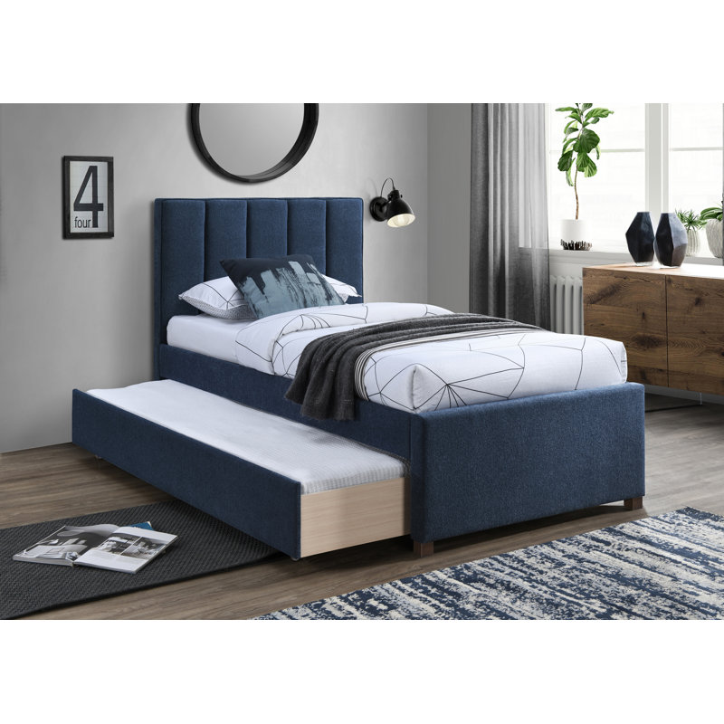Lit plateforme simple Harper Sav, Tissu texturé en lin bleu marine