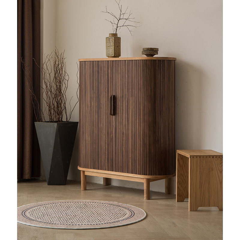 Armoire à chaussures Mid-Century, volet roulant, chêne et noyer