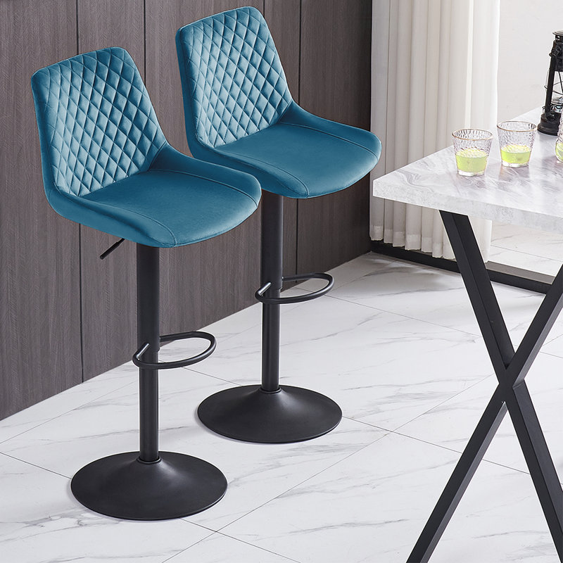 Apoch Waffle Velvet Height Adjustable Bar Stool 360 Swivel with Footrest, Teal