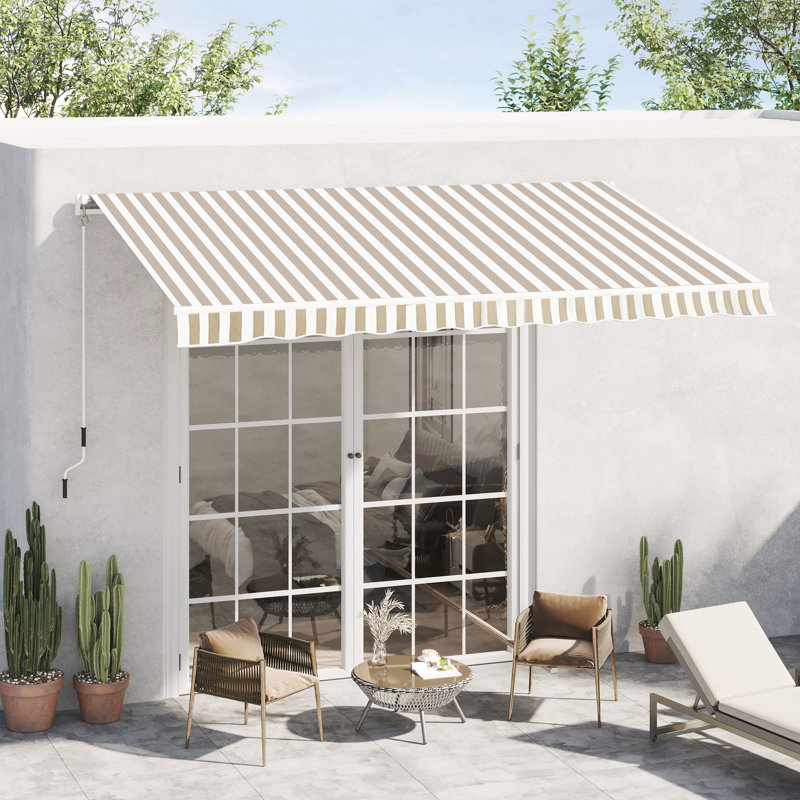 12' X 10' Retractable Patio Awning - Sun Shade, & Water , Manual Crank, 280g/m² Fabric, Aluminum Frame, For Yard, Beige Protected, Operated, Deck,