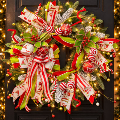 24" Pre-Lit Christmas Wreath for Front Door Whimsical Christmas Wreath with Candy Swirl Accents and Festive Ribbons& Frosted Branches