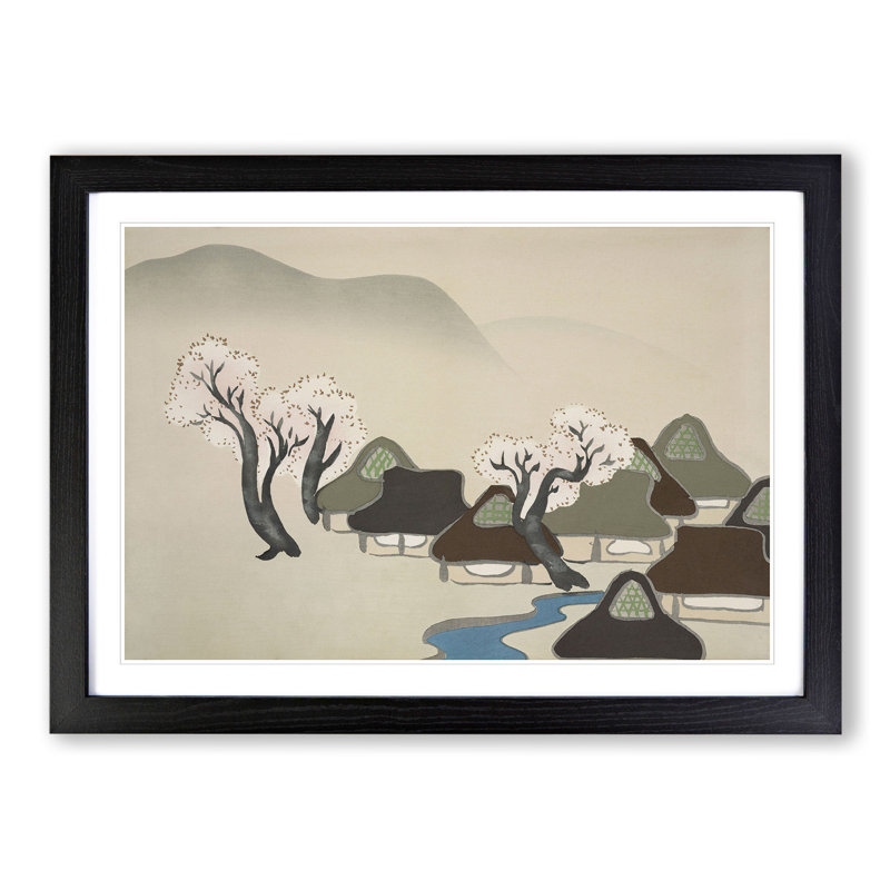 Village with Cherry Blossoms by Kamisaka Sekka - Picture Frame Painting, 27cm H x 36cm W x 2cm D, Black