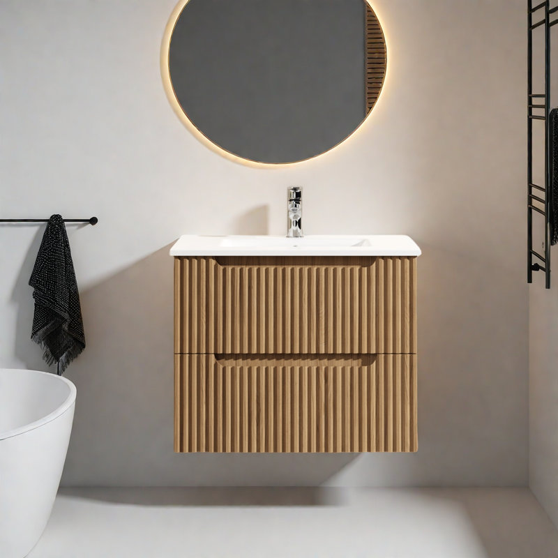 Wall Mounted Bathroom Vanity With Sink, Floating Cabinet Sink Combo, Soft-Close System, 2 Extra Big Drawers, Walnut, 24"